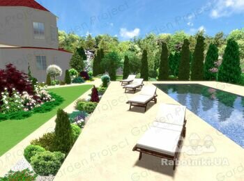 Візуалізація варіанту озеленення біля басейну з відмежуванням від садовоогородньої зони.