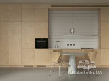 Проект: RYB apartment
Локация: Kyiv (UA)
Тип: Residential
Площадь: 100 m2
Год: 2021

Апартаменты находятся в ЖК Rybalsky в Подольском районе города Киева. Так как квартира расположена над коммерцией у нас была возможность использовать пространство более вариативно. Мы разделили весь объём на два блока приватная часть (которая включает детскую и спальню с ванной) и общественная (которая включает просторную кухню-гостиную, санузел и рабочее место). 

Весь дизайн создан с учетом потребностей заказчиков и становится средой для различных сценариев их повседневной жизни. Все основные помещения композиционно связаны друг с другом за счет материалов и фактур.

Нашей команде было поручено спроектировать место, которое могло бы стать тихим убежищем для владельца и его семьи, где они могли бы отступить от своего космополитического образа жизни.
Основная цель заключалась в создании чистой, минималистичной, но неформальной атмосферы, основанной на натуральных материалах. 
В разработке интерьера были задействованы как иностранные фабрики, как Belid, DCW, &tradition, Verpan, Zanotta, RBW и Menu так и украинские, как Zegen и Interia.
Чтобы добиться гибкости и избежать ненужного разделения этой и без того компактной квартиры, перегородки были почти полностью удалены, создавая открытую планировку с одним центральным модулем, определяющим основное жилое пространство. Данный модуль состоит из функционального кухонного гарнитура, обеденной зоны, компактного рабочего места и просторной гостиной. Данное пространство объединяет несколько функций без лишнего беспорядка. 

Все комнаты кроме детской направлены во внутренние дворы с обилием зелени. Из детской открывается живописный вид на Днепр. В скором времени после поступления в вуз эта комната будет предназначена как место для медитаций для родителей. В данной комнате мы расположили рабочее место таким образом, чтобы естественный свет способствовал комфортной работе. 

Чтобы зрительно связать помещения в одно целое мы использовали единую палитру материалов берёзовая фанера, микроцемент, японская плитка KitKat и мрамор Caribbean Calcite. С их помощью создается лаконичный фон для элементов мебели и света. Прохладные тона микроцемента во всех комнатах мы сбалансировали теплыми текстурами штукатурки и дерева. 

Комбинация примечательных предметов, таких как обеденные стулья Fritz Hansen, кресла Co от Norm Architects и торшера Apollo 180 от Pholc легко сочетаются с индивидуально разработанной мебелью от нашего бюро. Архитектурный характер интерьера дополнительно подчеркивается и усиливается проникающим внутрь солнечным светом. Последовательная композиция, основанная на палитре натуральных материалов, образует комфортную жилую среду, щедро оживленную меняющимся естественным освещением.

Одним из основных изменений, реализованных в рамках проекта, стало объединение 3х санузлов в 2 более просторных и избавление от лишних перегородок. Такая реорганизация пространства позволила увеличить количество естественного света, проникающего в основное жилое пространство. Мы использовали стеклянные перегородки чтобы не препятствовать естественному свету, который наполняет спальню.

Ванную комнату, сдержанную и однотонную, украшает японская мозаичная плитка. Использование оттенков серого способствует успокаивающей атмосфере, которая будет продолжать развиваться по мере того, как обитатели будут наполнять пространство собой. Таким образом, новая планировка адаптирована к современному образу жизни.