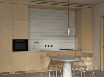 Проект: RYB apartment
Локация: Kyiv (UA)
Тип: Residential
Площадь: 100 m2
Год: 2021

Апартаменты находятся в ЖК Rybalsky в Подольском районе города Киева. Так как квартира расположена над коммерцией у нас была возможность использовать пространство более вариативно. Мы разделили весь объём на два блока приватная часть (которая включает детскую и спальню с ванной) и общественная (которая включает просторную кухню-гостиную, санузел и рабочее место). 

Весь дизайн создан с учетом потребностей заказчиков и становится средой для различных сценариев их повседневной жизни. Все основные помещения композиционно связаны друг с другом за счет материалов и фактур.

Нашей команде было поручено спроектировать место, которое могло бы стать тихим убежищем для владельца и его семьи, где они могли бы отступить от своего космополитического образа жизни.
Основная цель заключалась в создании чистой, минималистичной, но неформальной атмосферы, основанной на натуральных материалах. 
В разработке интерьера были задействованы как иностранные фабрики, как Belid, DCW, &tradition, Verpan, Zanotta, RBW и Menu так и украинские, как Zegen и Interia.
Чтобы добиться гибкости и избежать ненужного разделения этой и без того компактной квартиры, перегородки были почти полностью удалены, создавая открытую планировку с одним центральным модулем, определяющим основное жилое пространство. Данный модуль состоит из функционального кухонного гарнитура, обеденной зоны, компактного рабочего места и просторной гостиной. Данное пространство объединяет несколько функций без лишнего беспорядка. 

Все комнаты кроме детской направлены во внутренние дворы с обилием зелени. Из детской открывается живописный вид на Днепр. В скором времени после поступления в вуз эта комната будет предназначена как место для медитаций для родителей. В данной комнате мы расположили рабочее место таким образом, чтобы естественный свет способствовал комфортной работе. 

Чтобы зрительно связать помещения в одно целое мы использовали единую палитру материалов берёзовая фанера, микроцемент, японская плитка KitKat и мрамор Caribbean Calcite. С их помощью создается лаконичный фон для элементов мебели и света. Прохладные тона микроцемента во всех комнатах мы сбалансировали теплыми текстурами штукатурки и дерева. 

Комбинация примечательных предметов, таких как обеденные стулья Fritz Hansen, кресла Co от Norm Architects и торшера Apollo 180 от Pholc легко сочетаются с индивидуально разработанной мебелью от нашего бюро. Архитектурный характер интерьера дополнительно подчеркивается и усиливается проникающим внутрь солнечным светом. Последовательная композиция, основанная на палитре натуральных материалов, образует комфортную жилую среду, щедро оживленную меняющимся естественным освещением.

Одним из основных изменений, реализованных в рамках проекта, стало объединение 3х санузлов в 2 более просторных и избавление от лишних перегородок. Такая реорганизация пространства позволила увеличить количество естественного света, проникающего в основное жилое пространство. Мы использовали стеклянные перегородки чтобы не препятствовать естественному свету, который наполняет спальню.

Ванную комнату, сдержанную и однотонную, украшает японская мозаичная плитка. Использование оттенков серого способствует успокаивающей атмосфере, которая будет продолжать развиваться по мере того, как обитатели будут наполнять пространство собой. Таким образом, новая планировка адаптирована к современному образу жизни.