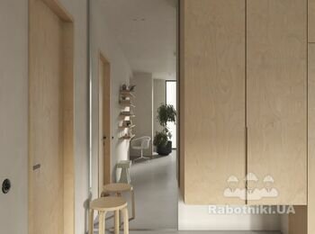 Проект: RYB apartment
Локация: Kyiv (UA)
Тип: Residential
Площадь: 100 m2
Год: 2021

Апартаменты находятся в ЖК Rybalsky в Подольском районе города Киева. Так как квартира расположена над коммерцией у нас была возможность использовать пространство более вариативно. Мы разделили весь объём на два блока приватная часть (которая включает детскую и спальню с ванной) и общественная (которая включает просторную кухню-гостиную, санузел и рабочее место). 

Весь дизайн создан с учетом потребностей заказчиков и становится средой для различных сценариев их повседневной жизни. Все основные помещения композиционно связаны друг с другом за счет материалов и фактур.

Нашей команде было поручено спроектировать место, которое могло бы стать тихим убежищем для владельца и его семьи, где они могли бы отступить от своего космополитического образа жизни.
Основная цель заключалась в создании чистой, минималистичной, но неформальной атмосферы, основанной на натуральных материалах. 
В разработке интерьера были задействованы как иностранные фабрики, как Belid, DCW, &tradition, Verpan, Zanotta, RBW и Menu так и украинские, как Zegen и Interia.
Чтобы добиться гибкости и избежать ненужного разделения этой и без того компактной квартиры, перегородки были почти полностью удалены, создавая открытую планировку с одним центральным модулем, определяющим основное жилое пространство. Данный модуль состоит из функционального кухонного гарнитура, обеденной зоны, компактного рабочего места и просторной гостиной. Данное пространство объединяет несколько функций без лишнего беспорядка. 

Все комнаты кроме детской направлены во внутренние дворы с обилием зелени. Из детской открывается живописный вид на Днепр. В скором времени после поступления в вуз эта комната будет предназначена как место для медитаций для родителей. В данной комнате мы расположили рабочее место таким образом, чтобы естественный свет способствовал комфортной работе. 

Чтобы зрительно связать помещения в одно целое мы использовали единую палитру материалов берёзовая фанера, микроцемент, японская плитка KitKat и мрамор Caribbean Calcite. С их помощью создается лаконичный фон для элементов мебели и света. Прохладные тона микроцемента во всех комнатах мы сбалансировали теплыми текстурами штукатурки и дерева. 

Комбинация примечательных предметов, таких как обеденные стулья Fritz Hansen, кресла Co от Norm Architects и торшера Apollo 180 от Pholc легко сочетаются с индивидуально разработанной мебелью от нашего бюро. Архитектурный характер интерьера дополнительно подчеркивается и усиливается проникающим внутрь солнечным светом. Последовательная композиция, основанная на палитре натуральных материалов, образует комфортную жилую среду, щедро оживленную меняющимся естественным освещением.

Одним из основных изменений, реализованных в рамках проекта, стало объединение 3х санузлов в 2 более просторных и избавление от лишних перегородок. Такая реорганизация пространства позволила увеличить количество естественного света, проникающего в основное жилое пространство. Мы использовали стеклянные перегородки чтобы не препятствовать естественному свету, который наполняет спальню.

Ванную комнату, сдержанную и однотонную, украшает японская мозаичная плитка. Использование оттенков серого способствует успокаивающей атмосфере, которая будет продолжать развиваться по мере того, как обитатели будут наполнять пространство собой. Таким образом, новая планировка адаптирована к современному образу жизни.