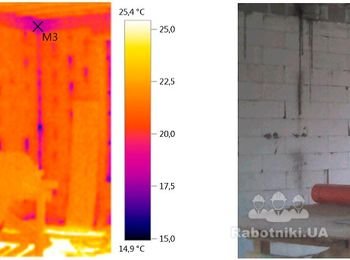 Этот дом построен из газобетонных блоков, у которых вертикальный стык пазо-гребневый и не промазан клеем. Дом утеплен с наружи базальтовыми матами (100мм) и облицован навесным фасадом Scanroc. Сделано всё очень дорого, но конечный результат получился плачевный. Тепло в этом доме будет сохранять только слой штукатурки!