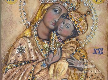 Лепнина полимерной глиной инкрустация  стеклянными камнями, золочение сусальным золотом, масло, основа дерево.
15 000 грн.