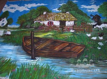Роспись на холстеакрилловыми красками "Гетьманська хата" с. Белогородка . Удаленная работа , написание холста в мастерской, в последствии наклеен на гипсокартон и адаптирован к стенам с углом 40\  под градусов. Длина 7 х 4,5 холст.