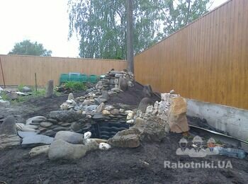 Альпійська гірка з водоймою викладена з річкового/морського каменю