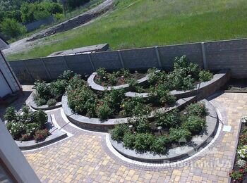 Розарій у вигляді фігурних піднятих клумб та вимощеною брущадкою