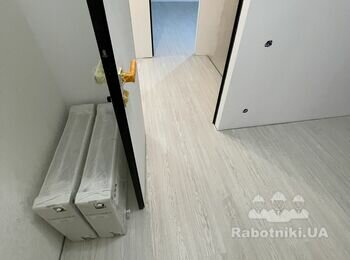 Після. Єдиний масив ламінату на три кімнати з передпокоєм (сходовою кліткою) з примиканням до плитки в санвузлі.