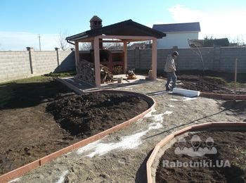 Подготовка основания под укладку тротуарной плитки.Установка бардюра.Укладка геотекстиля.