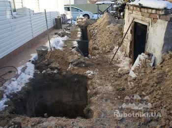 Февраль. Пробурено геополе из 4 зондов по 33 м. Труба ПЕ100 диам. 32 м. Прокопана горизотальная траншея и приямок для распределительного коллектора.