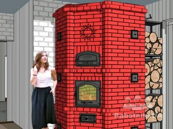 Каминопечь угловая с хлебной камерой по серому и коренной дымоход. Гибридная система с нижним прогревом и высоким расположением зольника и топки для комфортной эксплуатации.