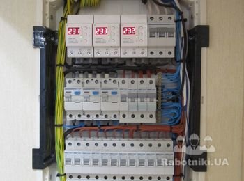 Внутренний вид электрического щита на 36 модулей, смонтированного для электроснабжения двухкомнатной квартиры; 
Данный электрический щит, собран на базе продукции компании Hager (Германия);
