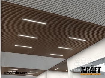 Подвесной потолок на базе рейки KRAFT Куб и грильято с системой освещения KRAFT LED. http://kraftds.com/produktsiya-2/podvesnoj-potolok-kraft-kub