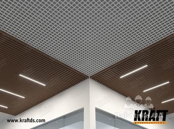 Подвесной потолок на базе рейки KRAFT Куб и грильято с системой освещения KRAFT LED. http://kraftds.com/produktsiya-2/podvesnoj-potolok-kraft-kub