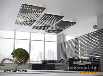 Дизайнерский подвесной потолок на базе рейки KRAFT Куб с системой освещения KRAFT LED. http://kraftds.com/produktsiya-2/podvesnoj-potolok-kraft-kub