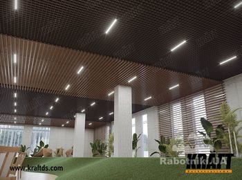 Дизайнерский подвесной потолок на базе рейки KRAFT Куб и грильято с системой освещения KRAFT LED. http://kraftds.com/produktsiya-2/podvesnoj-potolok-kraft-kub