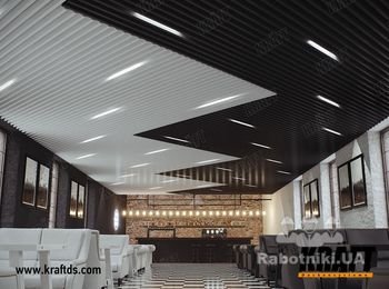 Дизайнерский подвесной потолок на базе рейки KRAFT Куб с системой освещения KRAFT LED. http://kraftds.com/produktsiya-2/podvesnoj-potolok-kraft-kub