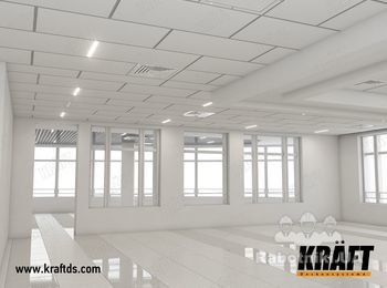 Потолок: Т-профиль KRAFT Fortis, минеральная плита OWA, система освещения KRAFT LED
