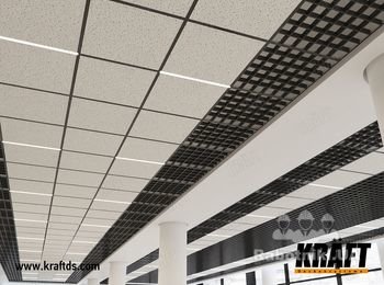 Комбинированный подвесной потолок: несущая конструкция из Т-профиля с минеральными плитами OWA, классический грильято KRAFT и система освещения KRAFT Led.
http://kraftds.com