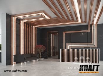 Потолок и стена – рейка KRAFT Куб с системой освещения KRAFT Led.
http://kraftds.com