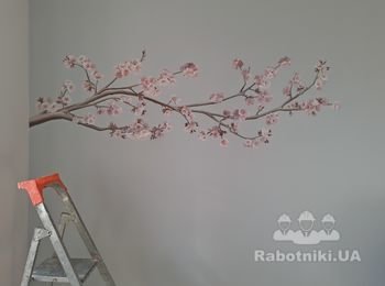 Роспись стены - миндальные цветы, роспись акриловой краской, 1.5м, моя работа, роспись в кабинете, под росписью будет диван.