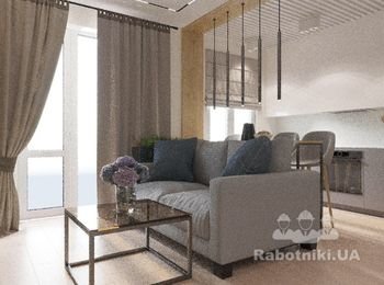 В гостиной главная фишка- столешница барной стойки, которая переходит на стену и потолок, разграничивает комнату на две зоны и является акцентом, с неё спускаются лаконичные светильники из чёрного металла. Потолок над кухней усиливает эффект, но не смещает на себя акцент: на белом потолке такие же белые рейки и светильники из белого металла. Остальные предметы: мебель, техника - создают спокойную обстановку, только диван выделяется темным текстилем.