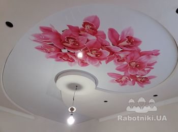 Фигура виде сперали ис гипсокартона,стала изискано красивой ис натяжным потолком виде фотопечати