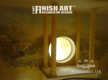 Компания Finish ART выполняет художественную роспись любой сложности и объёмов, согласно эскизов, которые предоставляют заказчики.  Так же, при необходимости, сотрудники Finish ART смогут подобрать необходимый рисунок, который подчеркнет Ваш интерьер. Стоимость работы составляет от 5,00 евро/дм2 и зависит от её сложности.