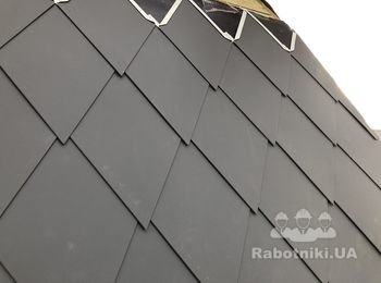 Изготовление и монтаж кровельной ромбовидной чешуи. Металл 7024 мат 0,5 ThyssenKrupp Германия