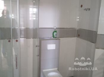 укладка плитки, укладка молдинга 1,5 см, установка унитаза инсталяции, монтаж душ.кабины