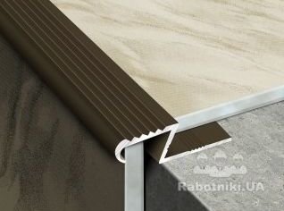 Алюминиевый лестничный Z-образный профиль. Лестничный плиточный алюминиевый профиль предназначен для декоративной обработки ступеней выполненных с керамической плитки. Для плитки 10-12 мм. Представлены в аноде (серебро, золото, бронза). Длина 2,7м.