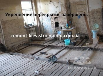 Фото усиления перекрытия с другого ракурса. Здесь хорошо видно как укреплены балки и связи в стене.