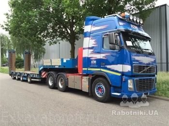 низкорамный трал-седельный тягач Volvo FH12 с платформой для перевозки спецтехники, спецоборудования, автотранспорта и негабаритных грузов в любую точку Украины.
Размер платформы : Длина*Ширина*Высота, м : 8(+3)*2.5*0.8
Грузоподъёмность максимальная 30т.