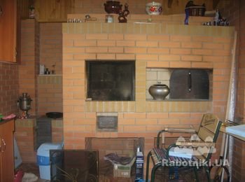 комплекс целиком, в центре барбекю, справа русская печь, слева варочная поверхность.