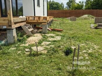 Подготовка и укладка тротуарной плитки и отмостки 85м2 + дренаж