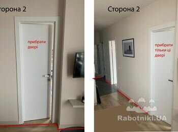 Зашити дверний проєм гіпсокартоном, пофарбувати стіну, монтаж плінту