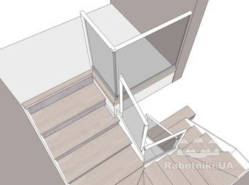 Установить три секции косого стекла на лестницу на точечные креп