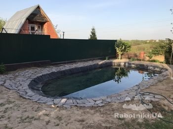 Пруд дачный, укладка пленки, обустройство "замка" и дренажа (зем