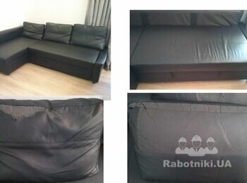 Перетяжка сиденье дивана. и 3 подушек к нему. Черный кож. зам.