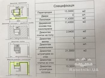 Демонтаж перегородок 14 кв.м, штукатурки 21,3 кв.м, плитки на стенах